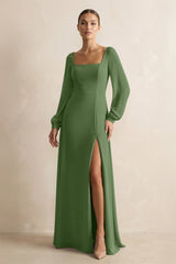 Square Neck Long Sleeves Chiffon Sheath Bridesmaid Dress in Moss - KissProm Bridesmaid Dresses