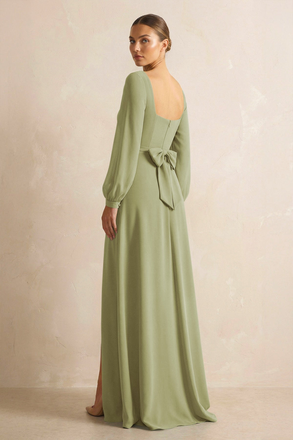 Square Neck Long Sleeves Chiffon Sheath Bridesmaid Dress in Moss Green - KissProm Bridesmaid Dresses