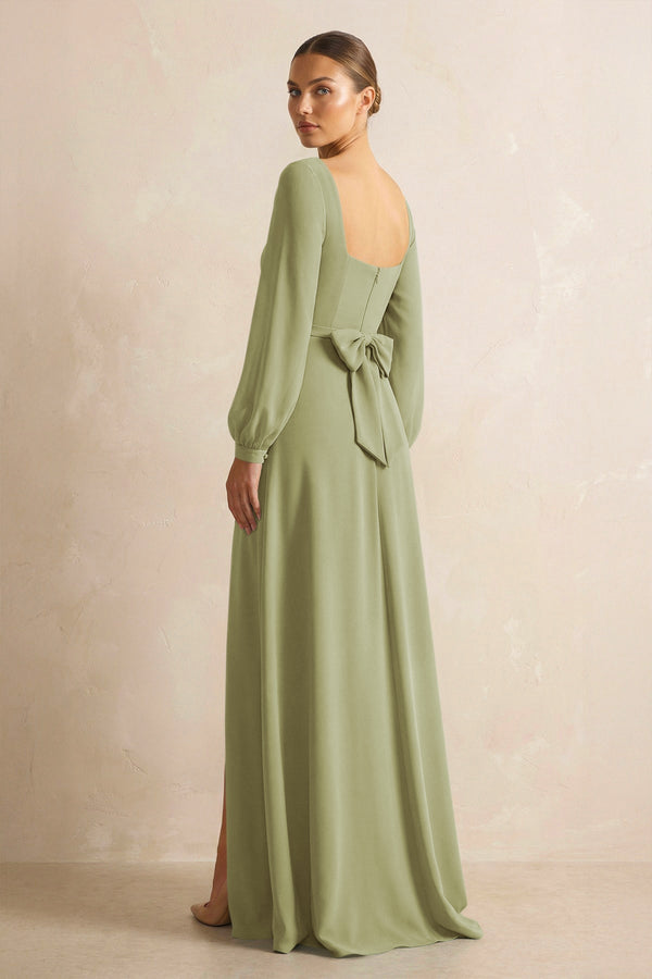 Square Neck Long Sleeves Chiffon Sheath Bridesmaid Dress in Moss Green - KissProm Bridesmaid Dresses