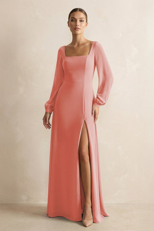 Square Neck Long Sleeves Chiffon Sheath Bridesmaid Dress in Mulberry - KissProm Bridesmaid Dresses