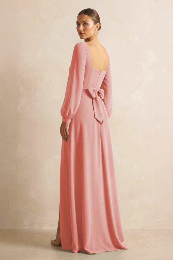 Square Neck Long Sleeves Chiffon Sheath Bridesmaid Dress in Mulberry - KissProm Bridesmaid Dresses
