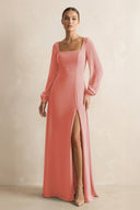 Square Neck Long Sleeves Chiffon Sheath Bridesmaid Dress in Mulberry - KissProm Bridesmaid Dresses