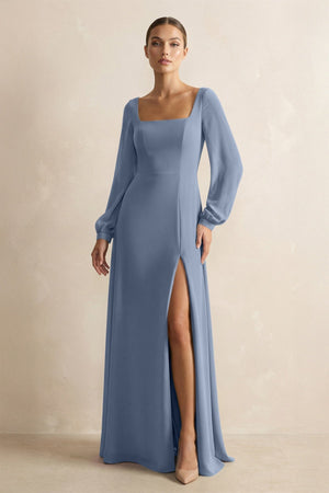 Square Neck Long Sleeves Chiffon Sheath Bridesmaid Dress in Neptune - KissProm Bridesmaid Dresses