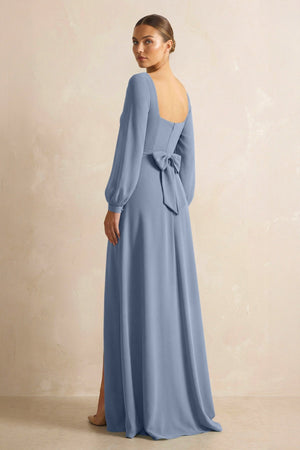 Square Neck Long Sleeves Chiffon Sheath Bridesmaid Dress in Neptune - KissProm Bridesmaid Dresses
