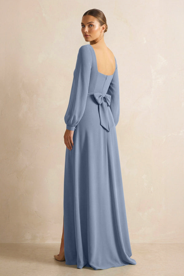 Square Neck Long Sleeves Chiffon Sheath Bridesmaid Dress in Neptune - KissProm Bridesmaid Dresses