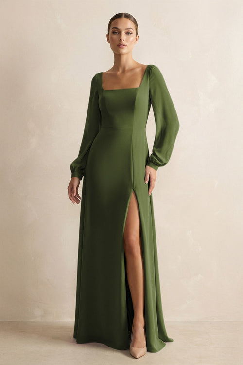 Square Neck Long Sleeves Chiffon Sheath Bridesmaid Dress in Olive - KissProm Bridesmaid Dresses
