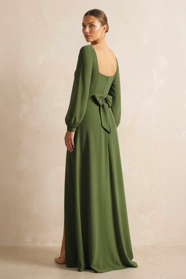 Square Neck Long Sleeves Chiffon Sheath Bridesmaid Dress in Olive - KissProm Bridesmaid Dresses