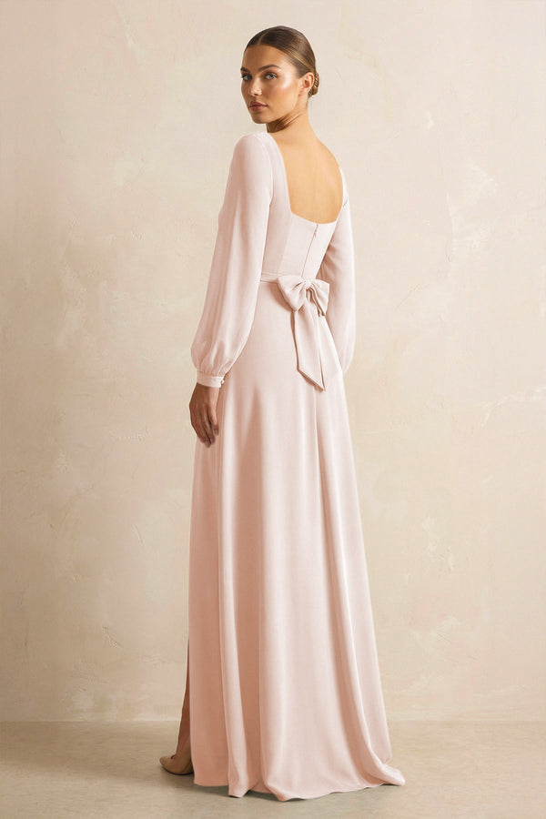 Square Neck Long Sleeves Chiffon Sheath Bridesmaid Dress in Pale Blush - KissProm Bridesmaid Dresses