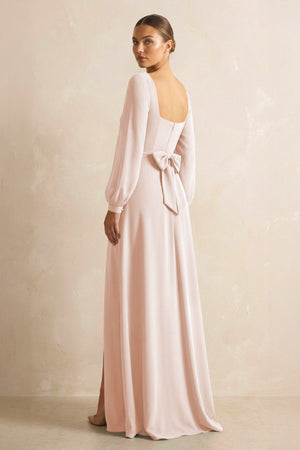 Square Neck Long Sleeves Chiffon Sheath Bridesmaid Dress in Pale Blush - KissProm Bridesmaid Dresses