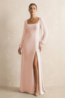 Square Neck Long Sleeves Chiffon Sheath Bridesmaid Dress in Pale Blush - KissProm Bridesmaid Dresses