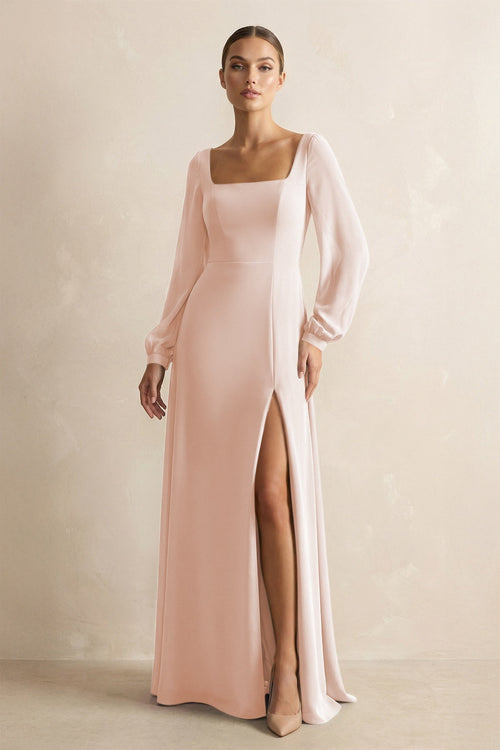 Square Neck Long Sleeves Chiffon Sheath Bridesmaid Dress in Pale Blush - KissProm Bridesmaid Dresses
