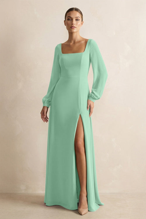 Square Neck Long Sleeves Chiffon Sheath Bridesmaid Dress in Pale Pistachio - KissProm Bridesmaid Dresses