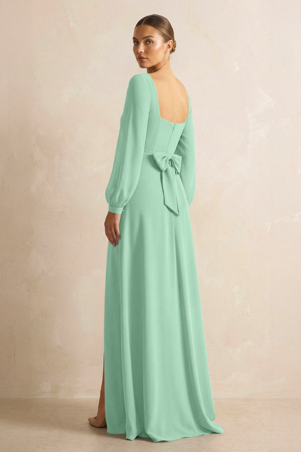 Square Neck Long Sleeves Chiffon Sheath Bridesmaid Dress in Pale Pistachio - KissProm Bridesmaid Dresses