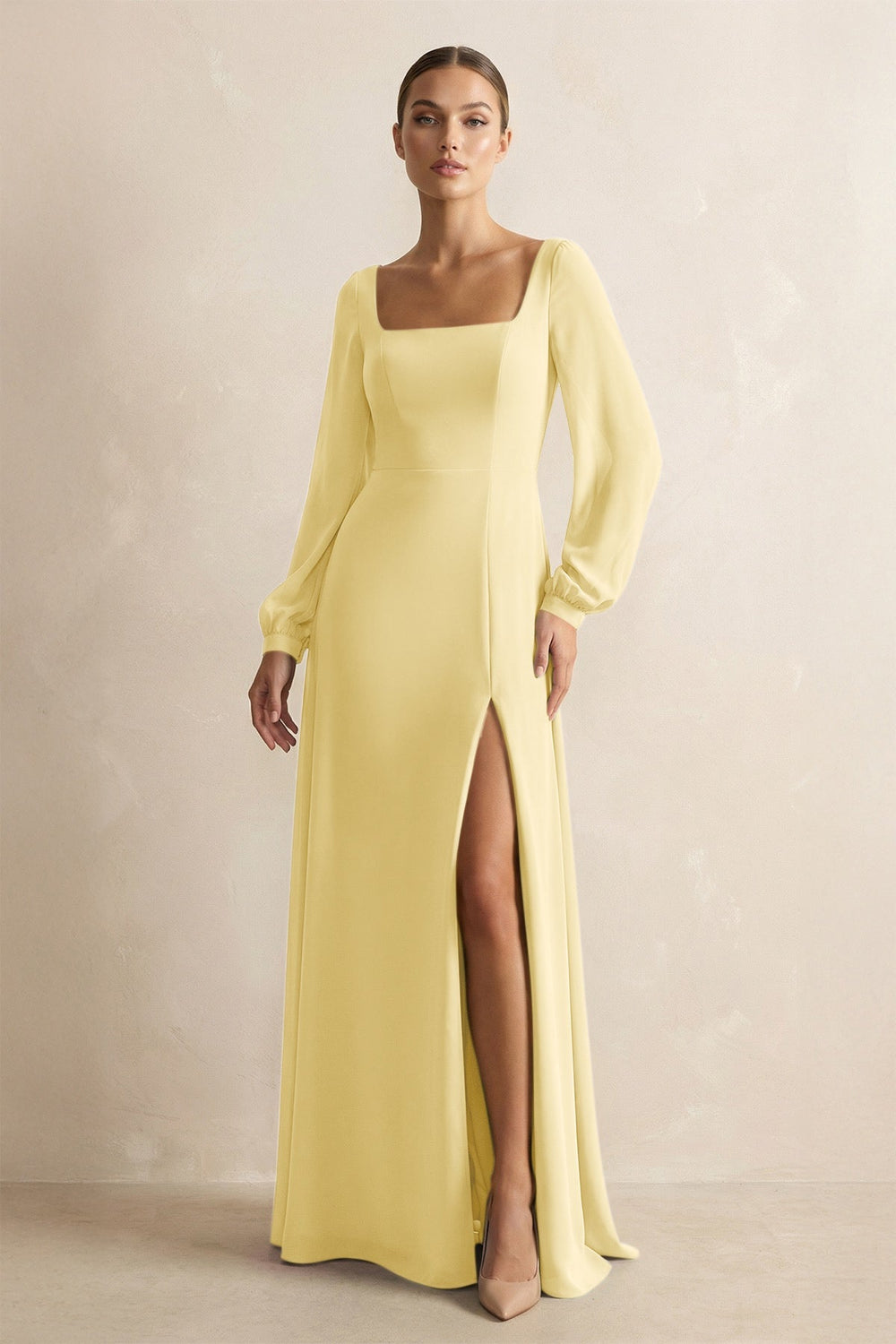 Square Neck Long Sleeves Chiffon Sheath Bridesmaid Dress in Pastel Yellow - KissProm Bridesmaid Dresses