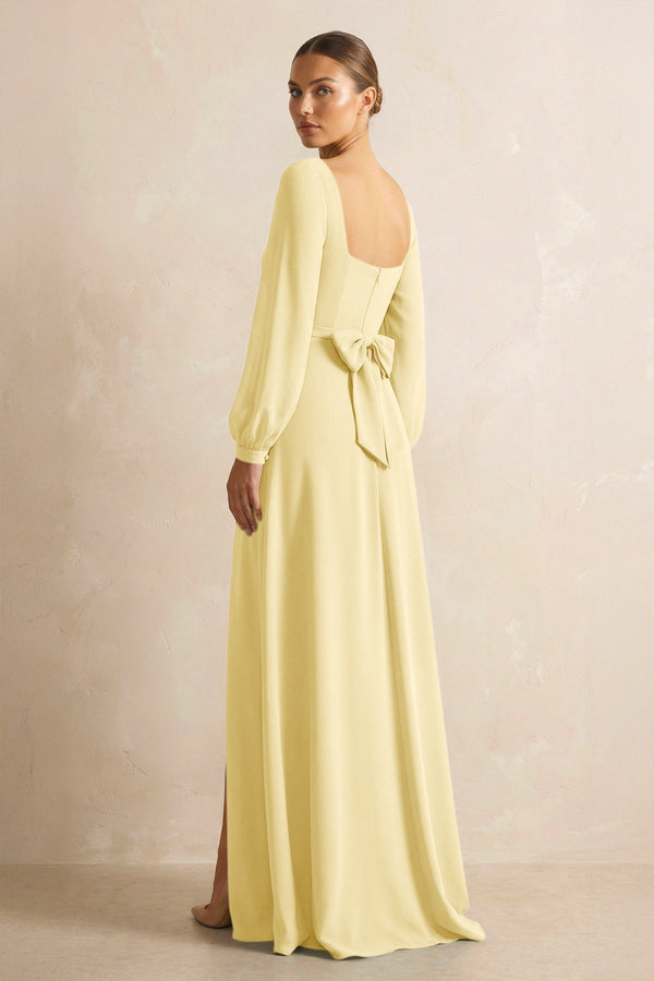 Square Neck Long Sleeves Chiffon Sheath Bridesmaid Dress in Pastel Yellow - KissProm Bridesmaid Dresses