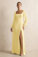Square Neck Long Sleeves Chiffon Sheath Bridesmaid Dress in Pastel Yellow - KissProm Bridesmaid Dresses
