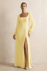 Square Neck Long Sleeves Chiffon Sheath Bridesmaid Dress in Pastel Yellow - KissProm Bridesmaid Dresses