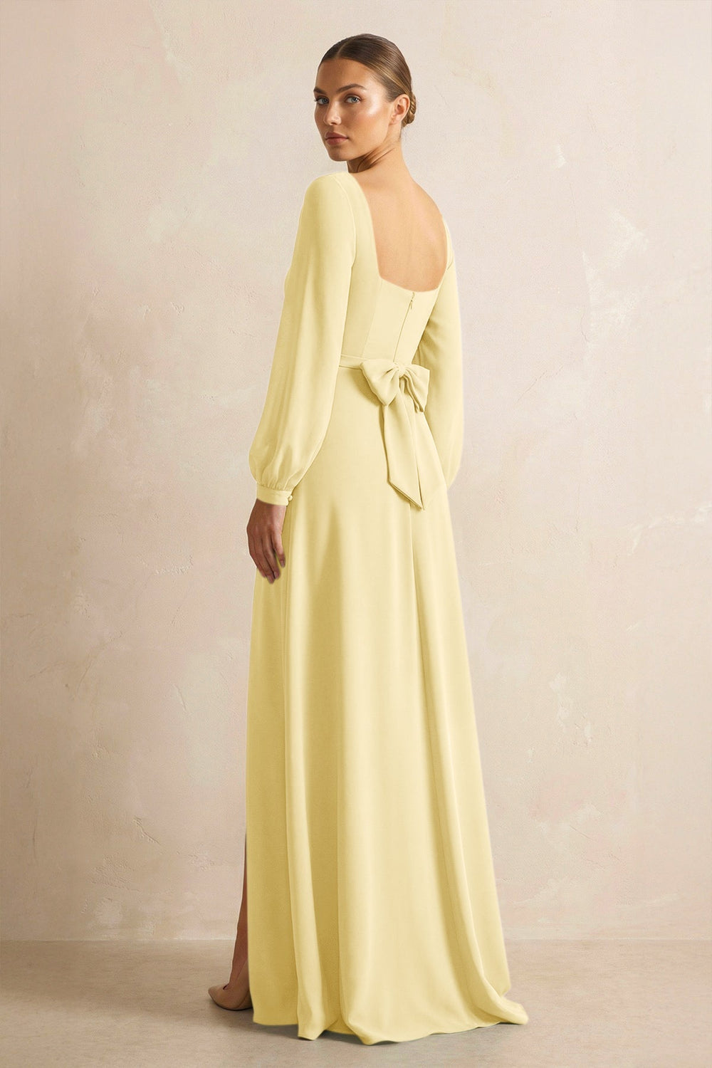Square Neck Long Sleeves Chiffon Sheath Bridesmaid Dress in Pastel Yellow - KissProm Bridesmaid Dresses
