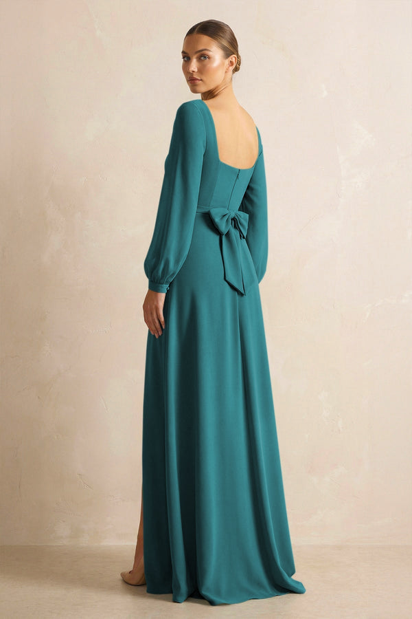 Square Neck Long Sleeves Chiffon Sheath Bridesmaid Dress in Pine - KissProm Bridesmaid Dresses
