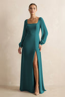 Square Neck Long Sleeves Chiffon Sheath Bridesmaid Dress in Pine - KissProm Bridesmaid Dresses