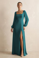 Square Neck Long Sleeves Chiffon Sheath Bridesmaid Dress in Pine - KissProm Bridesmaid Dresses