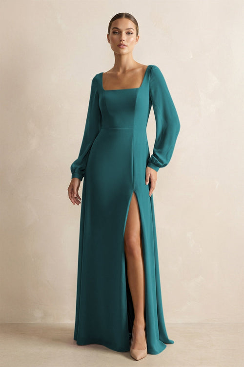 Square Neck Long Sleeves Chiffon Sheath Bridesmaid Dress in Pine - KissProm Bridesmaid Dresses