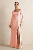 Square Neck Long Sleeves Chiffon Sheath Bridesmaid Dress in Rose Petal - KissProm Bridesmaid Dresses