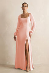 Square Neck Long Sleeves Chiffon Sheath Bridesmaid Dress in Rose Petal - KissProm Bridesmaid Dresses