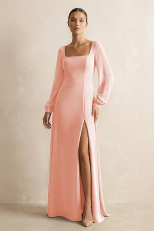 Square Neck Long Sleeves Chiffon Sheath Bridesmaid Dress in Rose Petal - KissProm Bridesmaid Dresses