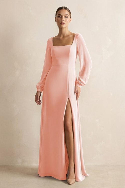 Square Neck Long Sleeves Chiffon Sheath Bridesmaid Dress in Rose Petal - KissProm Bridesmaid Dresses