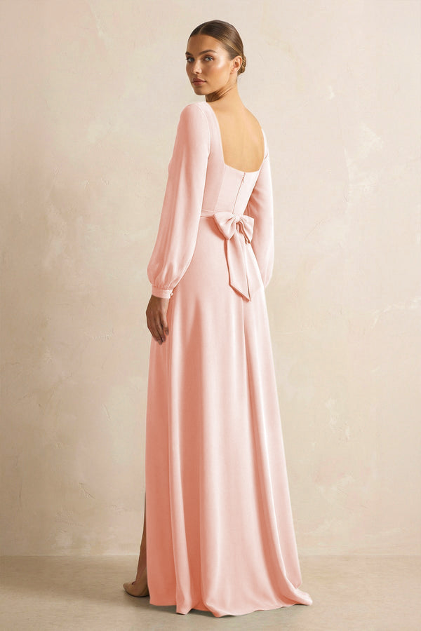 Square Neck Long Sleeves Chiffon Sheath Bridesmaid Dress in Rose Petal - KissProm Bridesmaid Dresses