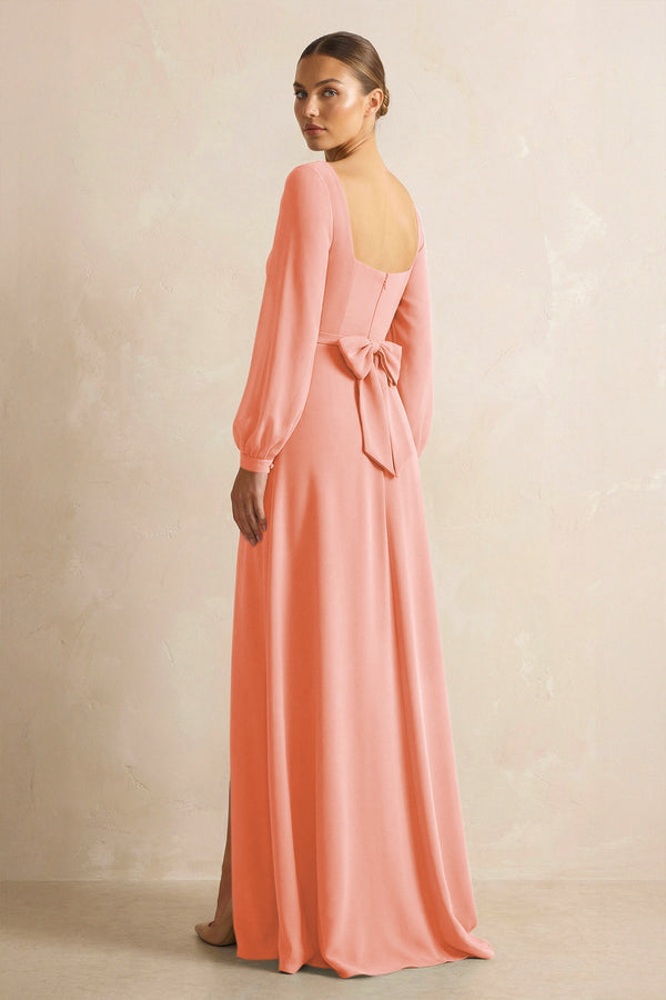 Square Neck Long Sleeves Chiffon Sheath Bridesmaid Dress in Rosette - KissProm Bridesmaid Dresses