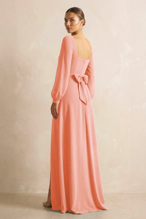 Square Neck Long Sleeves Chiffon Sheath Bridesmaid Dress in Rosette - KissProm Bridesmaid Dresses