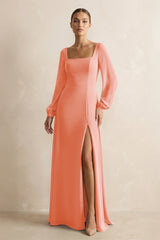 Square Neck Long Sleeves Chiffon Sheath Bridesmaid Dress in Rosette - KissProm Bridesmaid Dresses