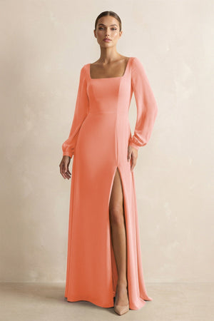 Square Neck Long Sleeves Chiffon Sheath Bridesmaid Dress in Rosette - KissProm Bridesmaid Dresses