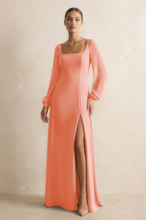Square Neck Long Sleeves Chiffon Sheath Bridesmaid Dress in Rosette - KissProm Bridesmaid Dresses