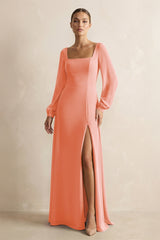 Square Neck Long Sleeves Chiffon Sheath Bridesmaid Dress in Rosette - KissProm Bridesmaid Dresses