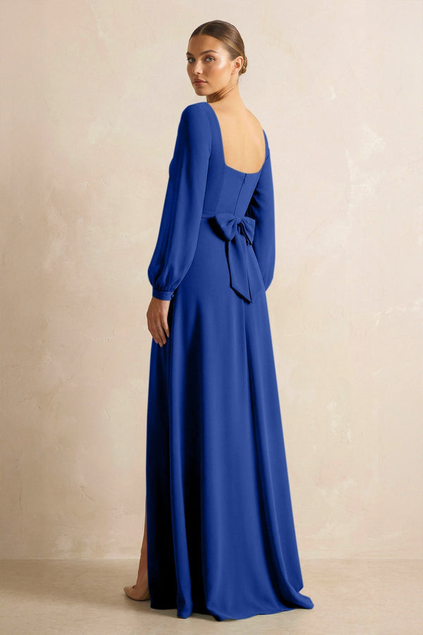 Square Neck Long Sleeves Chiffon Sheath Bridesmaid Dress in Royal Blue - KissProm Bridesmaid Dresses