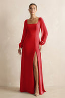 Square Neck Long Sleeves Chiffon Sheath Bridesmaid Dress in Ruby Red - KissProm Bridesmaid Dresses