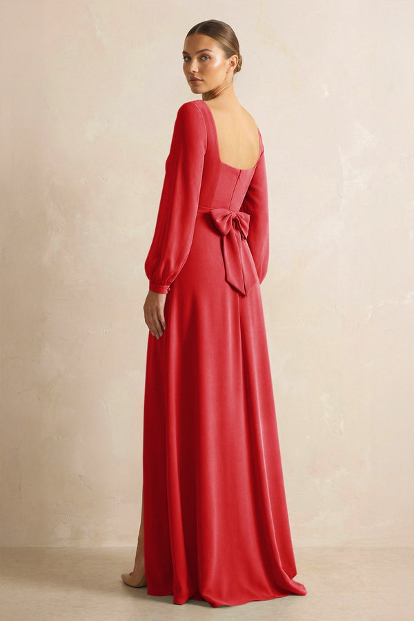 Square Neck Long Sleeves Chiffon Sheath Bridesmaid Dress in Ruby Red - KissProm Bridesmaid Dresses