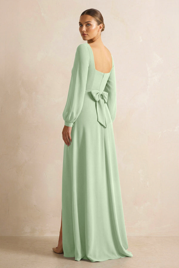 Square Neck Long Sleeves Chiffon Sheath Bridesmaid Dress in Sage - KissProm Bridesmaid Dresses