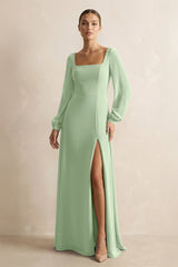 Square Neck Long Sleeves Chiffon Sheath Bridesmaid Dress in Sage - KissProm Bridesmaid Dresses