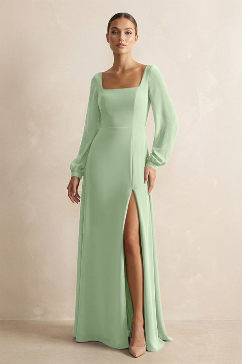 Square Neck Long Sleeves Chiffon Sheath Bridesmaid Dress in Sage - KissProm Bridesmaid Dresses