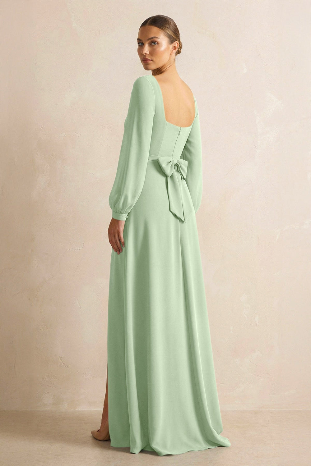 Square Neck Long Sleeves Chiffon Sheath Bridesmaid Dress in Sage - KissProm Bridesmaid Dresses