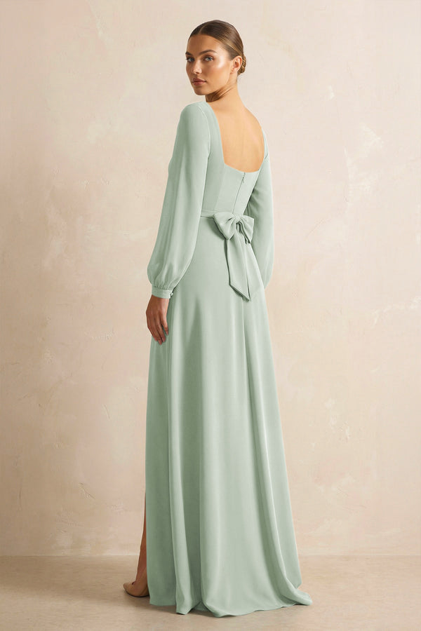 Square Neck Long Sleeves Chiffon Sheath Bridesmaid Dress in Sage - KissProm Bridesmaid Dresses