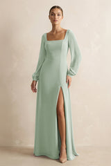 Square Neck Long Sleeves Chiffon Sheath Bridesmaid Dress in Sage - KissProm Bridesmaid Dresses