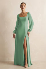 Square Neck Long Sleeves Chiffon Sheath Bridesmaid Dress in Sea Glass - KissProm Bridesmaid Dresses