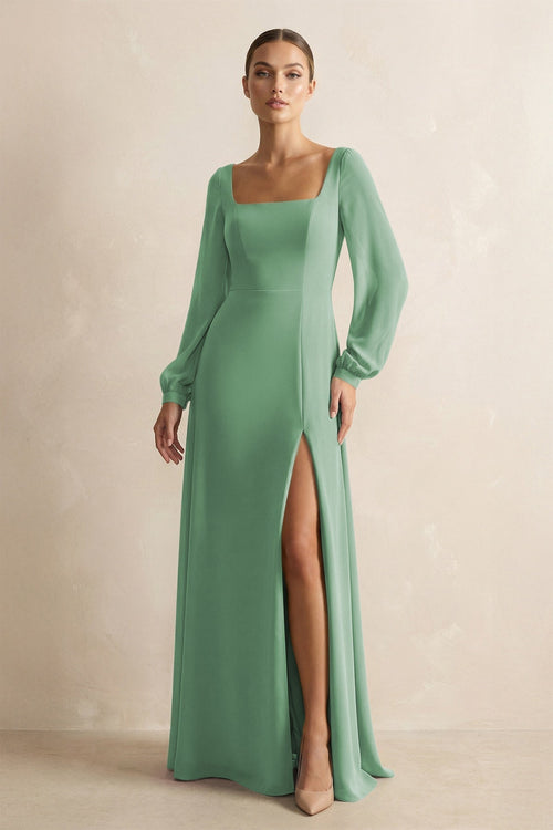 Square Neck Long Sleeves Chiffon Sheath Bridesmaid Dress in Sea Glass - KissProm Bridesmaid Dresses