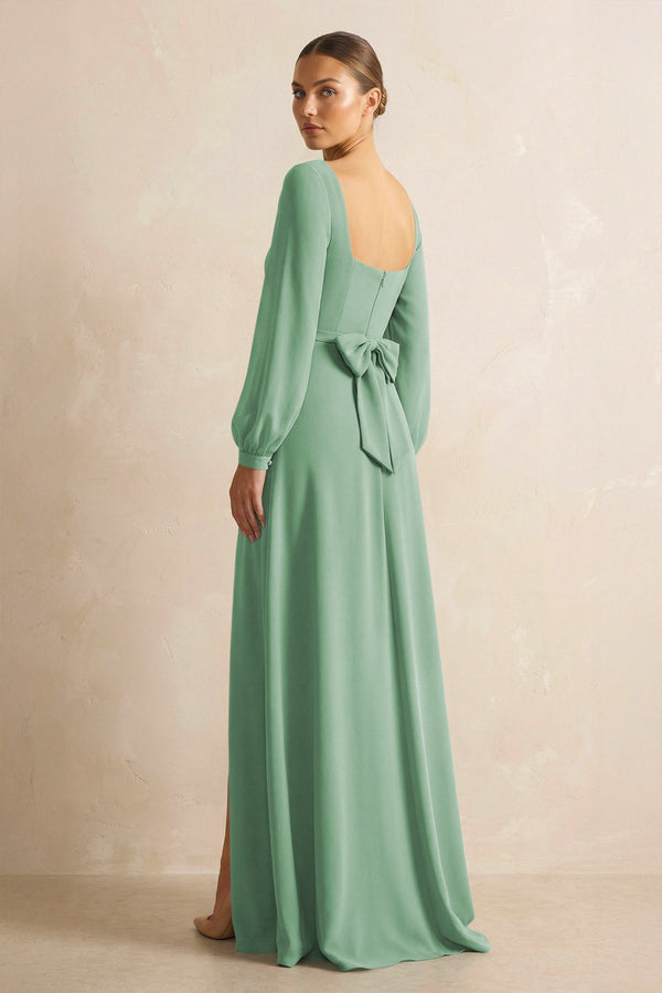 Square Neck Long Sleeves Chiffon Sheath Bridesmaid Dress in Sea Glass - KissProm Bridesmaid Dresses