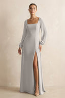 Square Neck Long Sleeves Chiffon Sheath Bridesmaid Dress in Silver - KissProm Bridesmaid Dresses